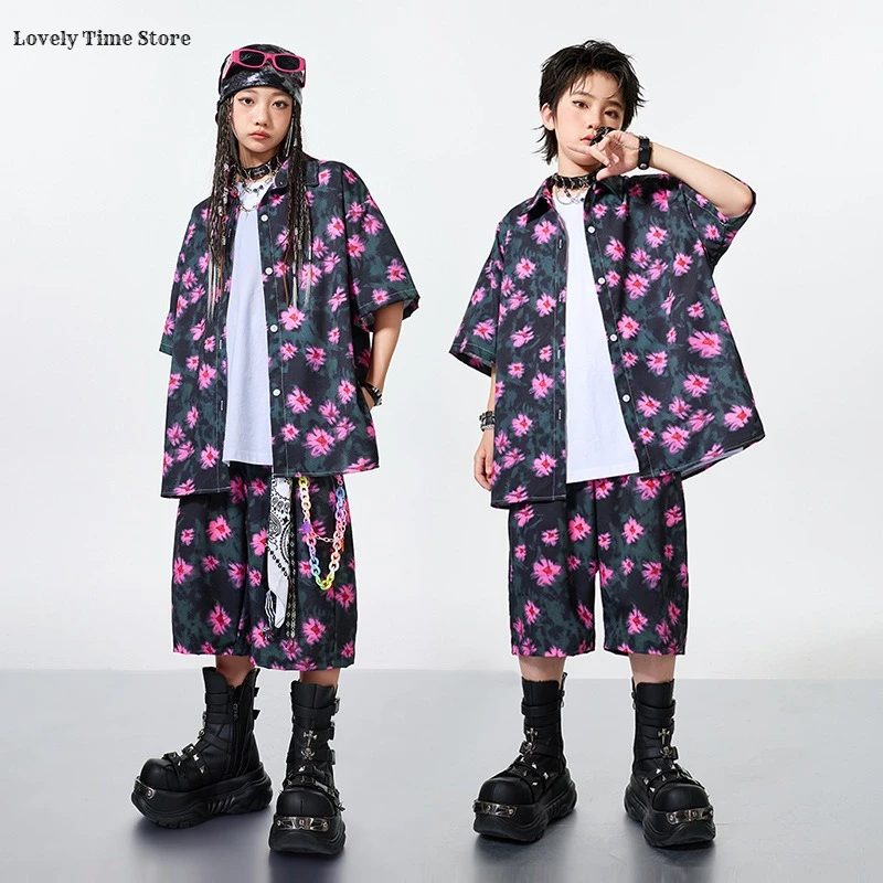 

Рубашка с цветочным принтом в стиле хип-хоп для мальчиков, шорты для уличных танцев, летняя блузка для девочек, комплекты одежды K-pop, уличная одежда для детей-подростков, детский джазовый костюм