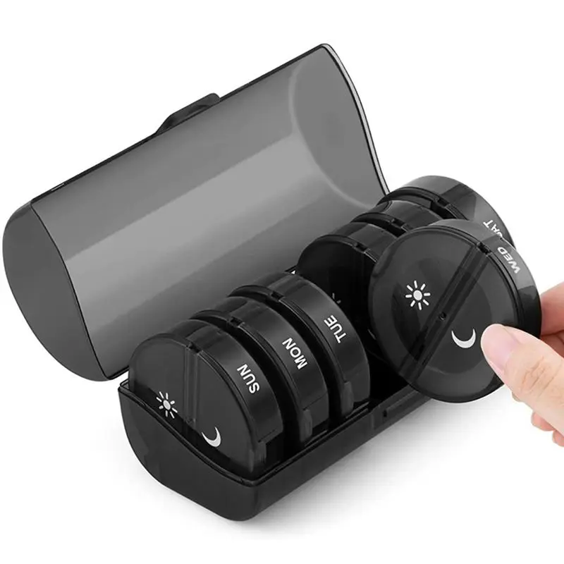 【ELEVATE LIFE】Pill Box 2 Compartments - Medicine Box Pill Box Morning Evening Handy and Moisture-Resistant - Black ABDD