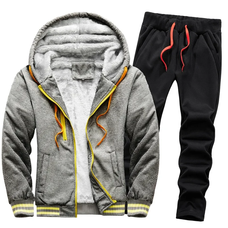 Immagine 5: Completi da uomo invernali, giacca calda e spessa con cerniera e cappuccio, felpa con cappuccio e pantaloni, abbigliamento sportivo di marca, capo casual in pile, felpa con cappuccio.