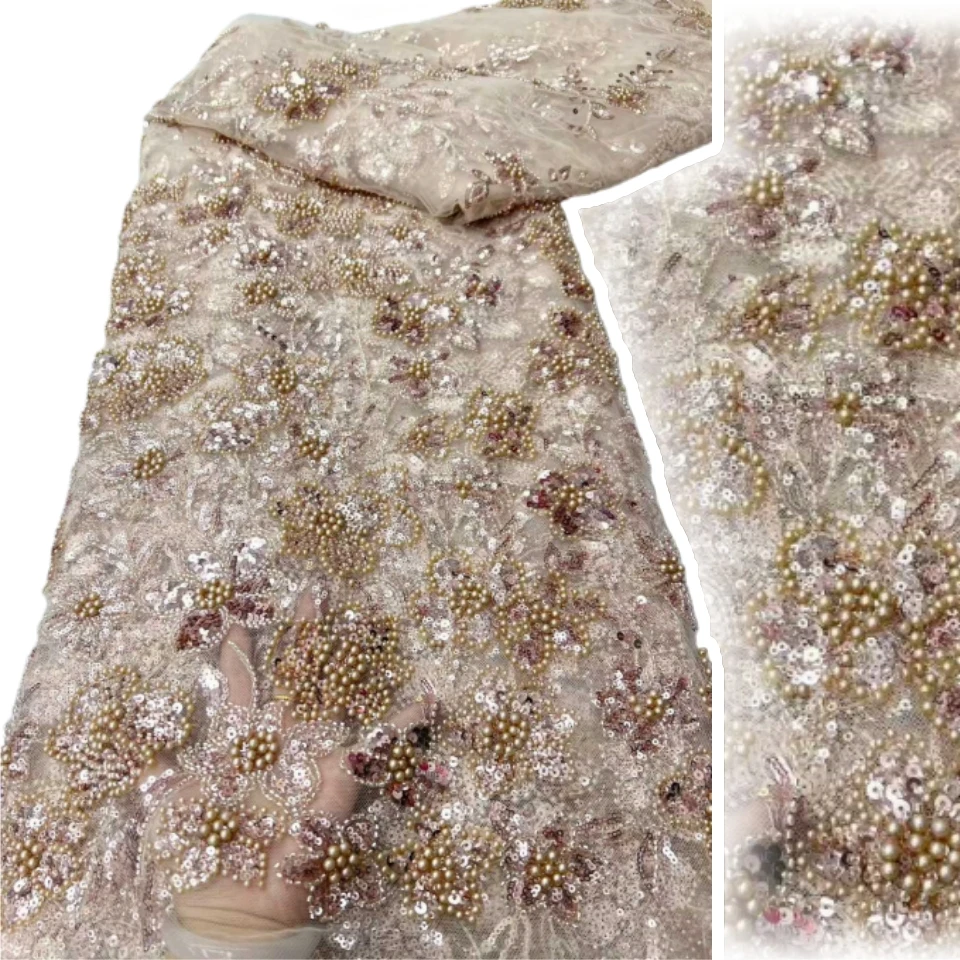 

African French Nigerian High End Tulle Lace Fabric with Beads Sequins Mesh for Embroidery Wedding Party Bride Sewing Dress 2018