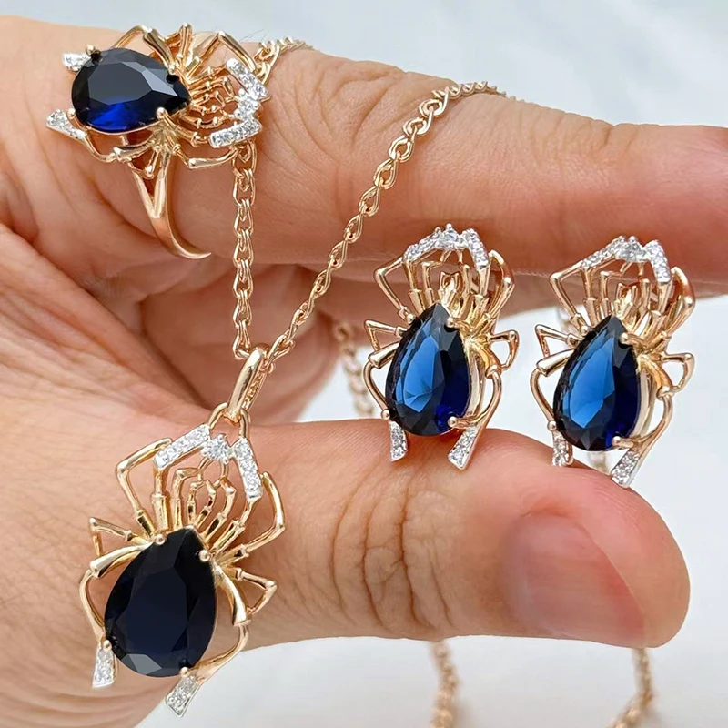 Kinel Blaues Tier-Schmuckset mit natürlichem Zirkon für Damen, 585er Roségold, Silber, Farbmischung, Spinnen-Ohrringe, Halskette, Ring, edler Schmuck