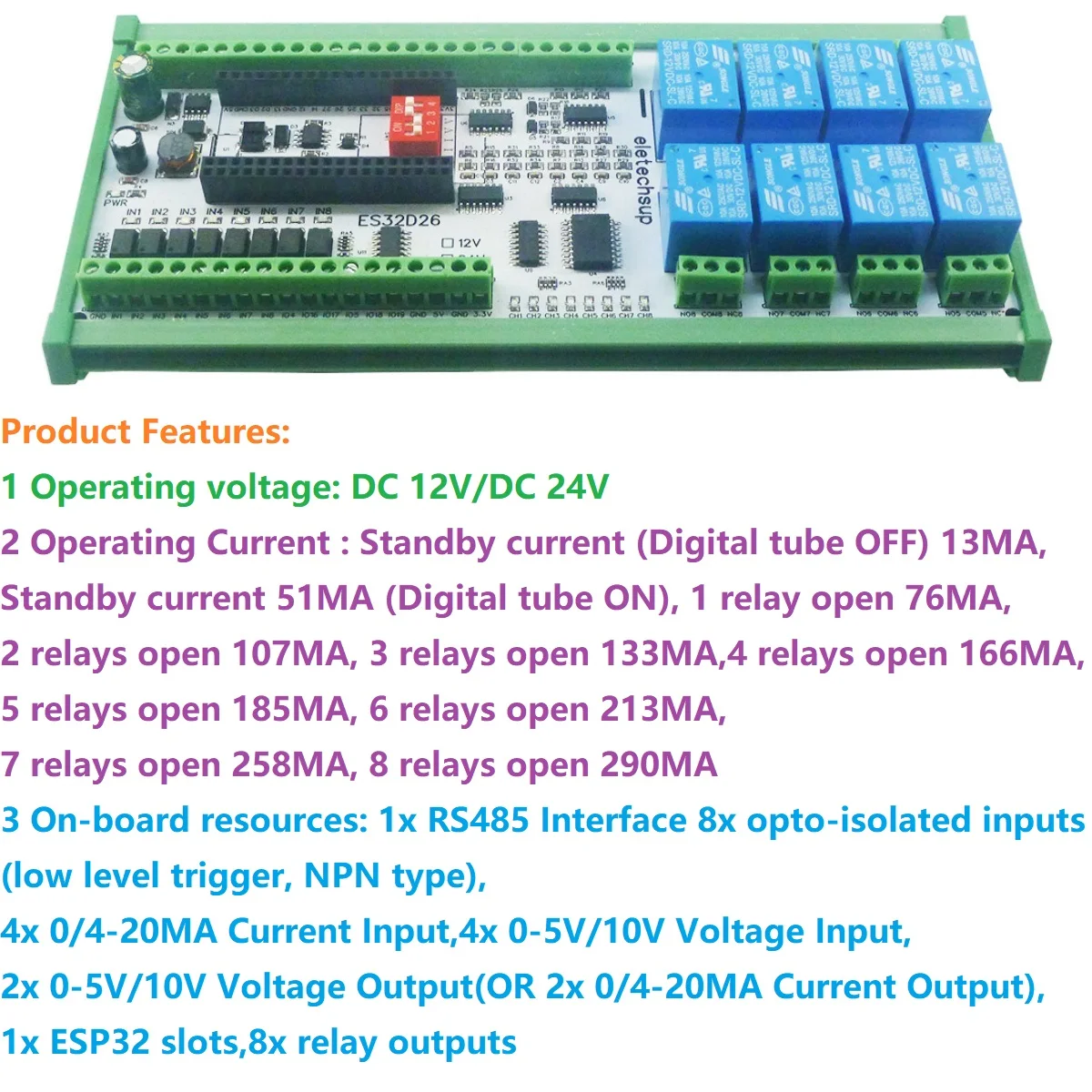 

2AO-8AI-8DI-8DO ESP32 Сетевая релейная плата Wi-Fi 4-20MA 0-10 В Модуль цифрового аналогового ввода и вывода для интеллектуального переключателя IOT Simple PLC
