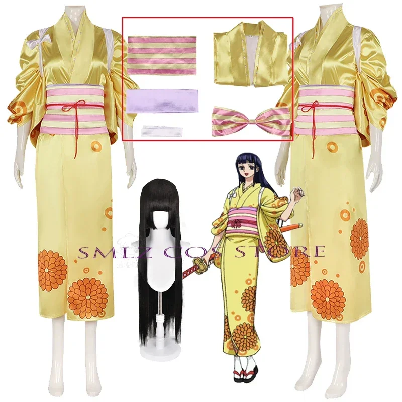 

Kikunojo Anime Wano Country Arc Kikunojo Yellow Kimono Costume Uniform Party Women Sexy Dress Carnival Outfits