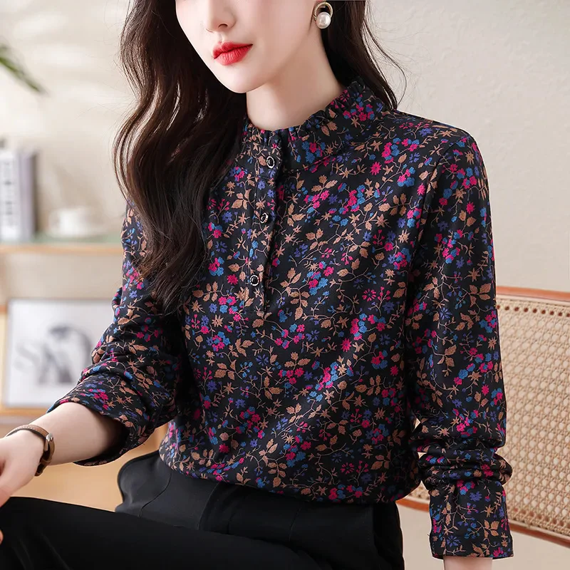 2024 Long Sleeved Floral Shirt Women Spring New Stand Up Collar, Mom's Temperament Top, Printed Buttons Age Reducing Small Shirt