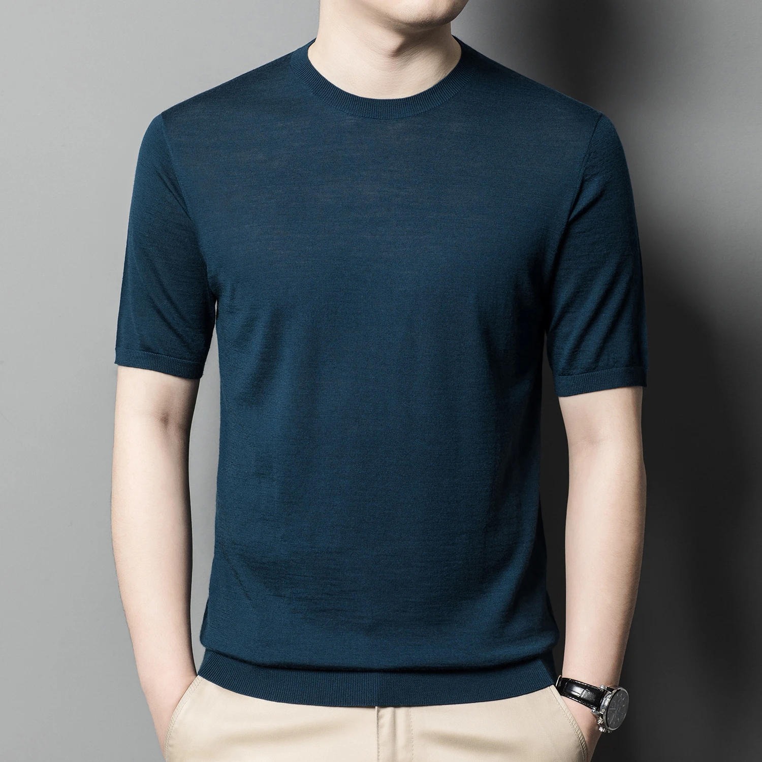 

Мужская футболка-поло из 100% шерсти с коротким рукавом, круглым вырезом, повседневная, свободного кроя, однотонная, вязаная, летняя, новый стиль