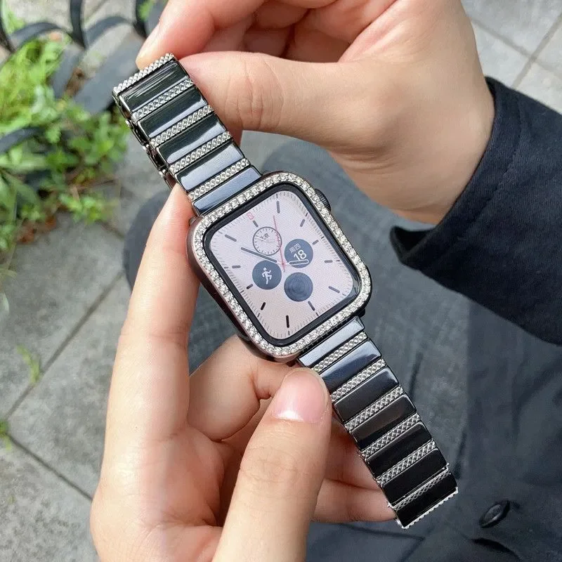 Ceramic strap with rhinestones + case for Apple Watch 9 10/11/42 45 44 46 49, Ultra 1/2/3, bracelet replacement, premium belt