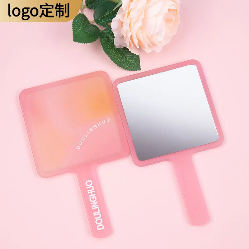 Specchio portatile quadrato traslucido Specchio per trucco portatile con cornice in plastica per borsa da tavolo, regalo da viaggio con stampa del logo