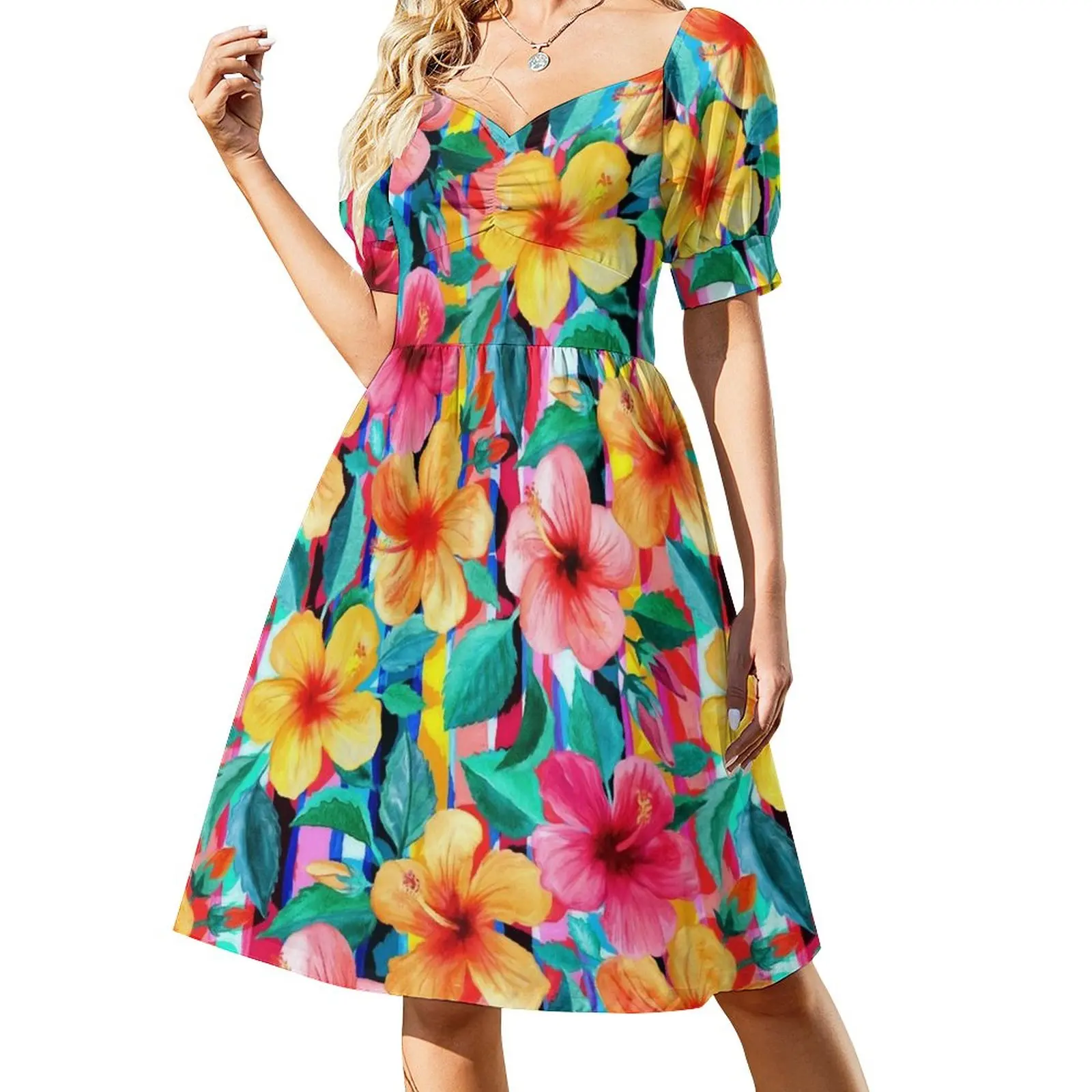 

OTT Maximalist Hawaiian Hibiscus Floral with Stripes Dress dresses for prom elegant guest wedding dress