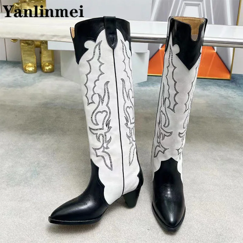 New Nubuck Leather Knee High Boots Women Pointed Toe Long Boots Spike Heels Runway Shoes Embroidery Western Cowboy Boots Woman