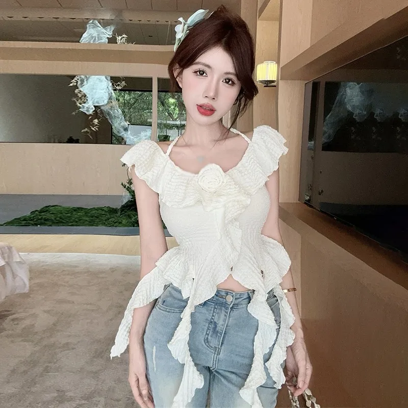 Summer Woman Floral Irregular Camisole Korean Fashion Ruffle Tops Elegant Temperament Sweet Korean Style Ladies Tops