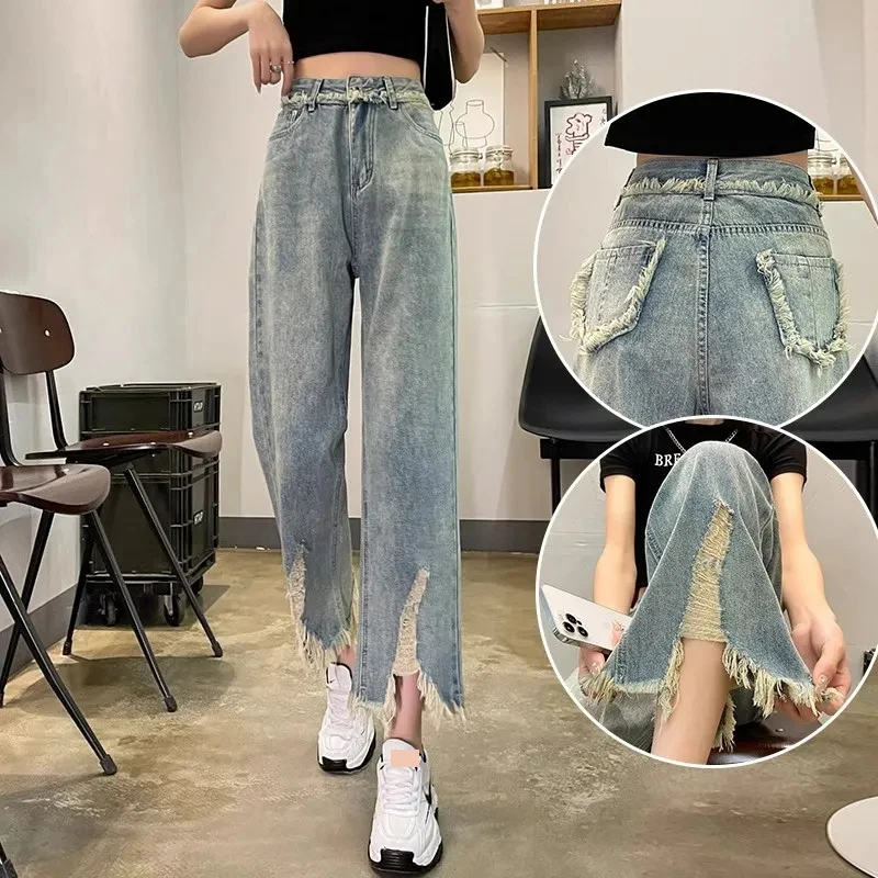 

2000s Clothes Y2k One Piece Straight Ripped Baggy Jeans For Women Nine-Point Summer Spring Tassel Slit Slim Pants Femme 2024