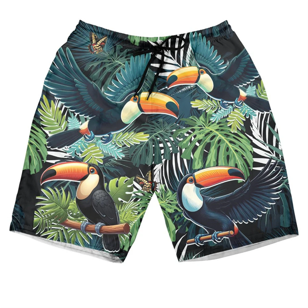 3D Printed Flamingo Parrot Toucan Beach Shorts For Men Plant Animal Pattern Short Pants Hawaiian Casual Streetwear Swim Trunks