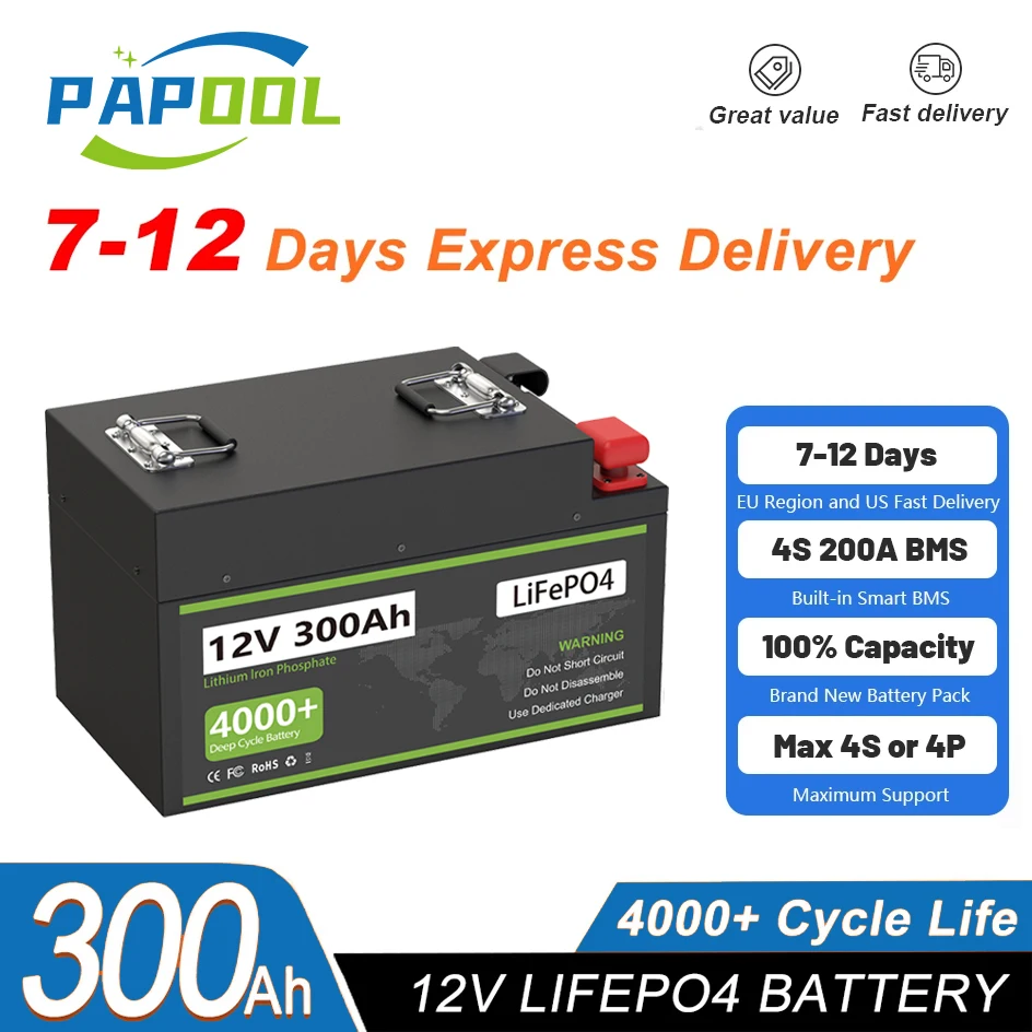 LiFePO4 12V 300Ah Battery Pack Built-in 4S 12.8V BMS 4000+ Cycle Life CATL Cells For Home Solar Outdoor RV Marine Power US Stock