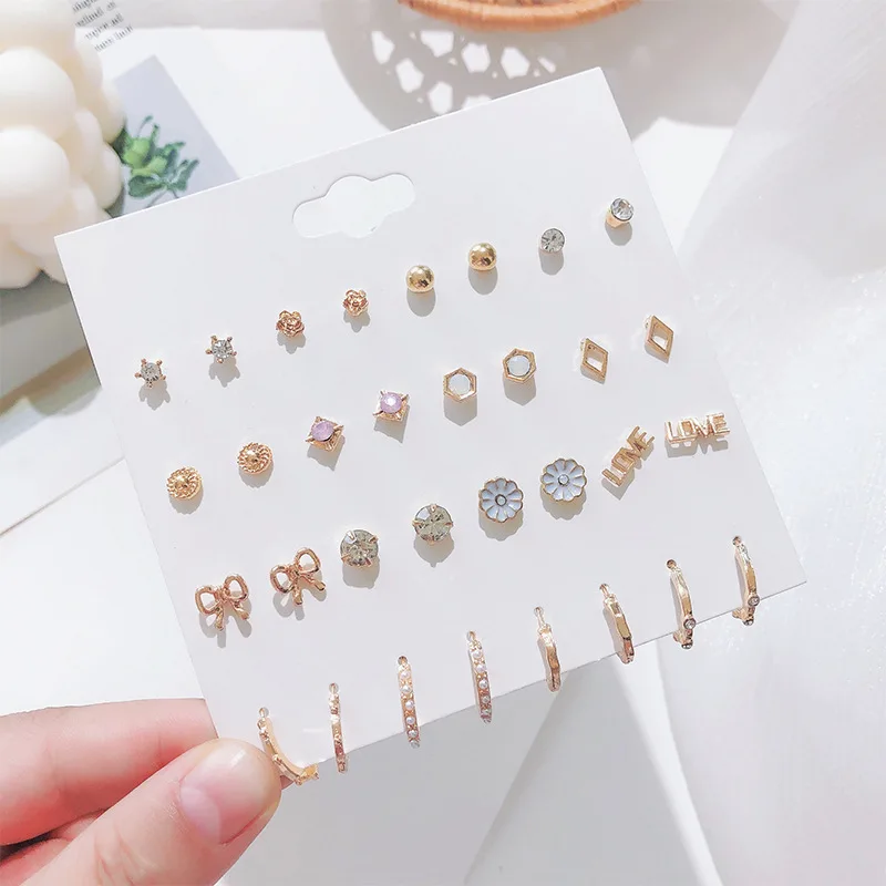 Korean Fashion 16 Pair Earstuds Set Pearl Water Diamond Earrings Small Daisy LOVE Star Geometry Earrings