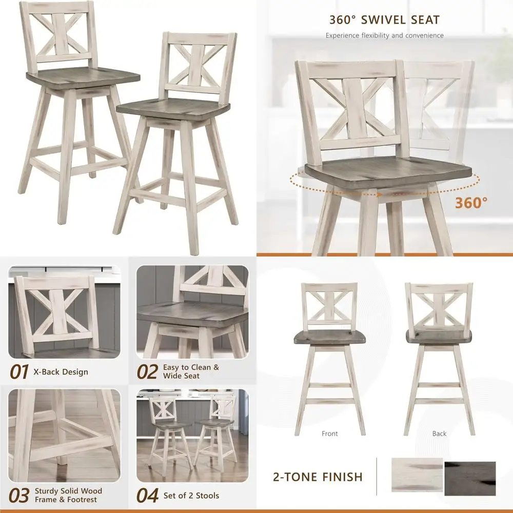 

Counter Height Swivel Stools Set of 2 - Solid Wood, 360° Rotation, X-Back Design, Wide Seat, Antique White/Grey Finish