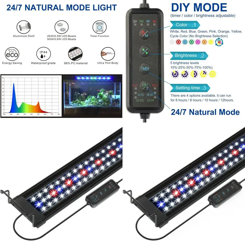

Светодиодный светильник для аквариума 36 дюймов с таймером, цикл 24/7, 5 уровней яркости, имитация заката для аквариумов объемом 10/20/30/55 галлонов
