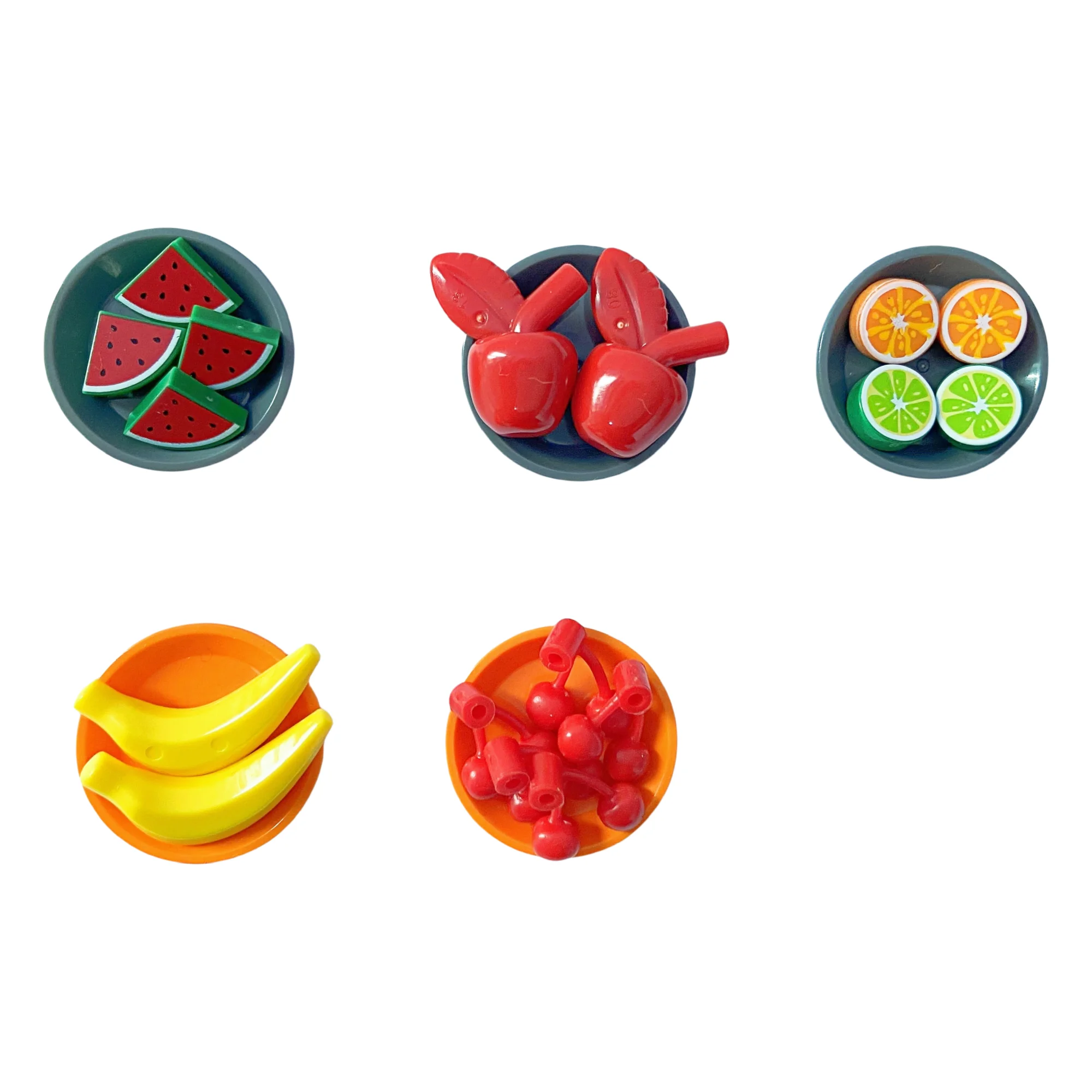 MOC platos de frutas pequeñas, bloques de construcción, juguetes DIY, plátanos, manzanas, cerezas, agua, melones, limones, naranjas, cinco platos, partículas pequeñas