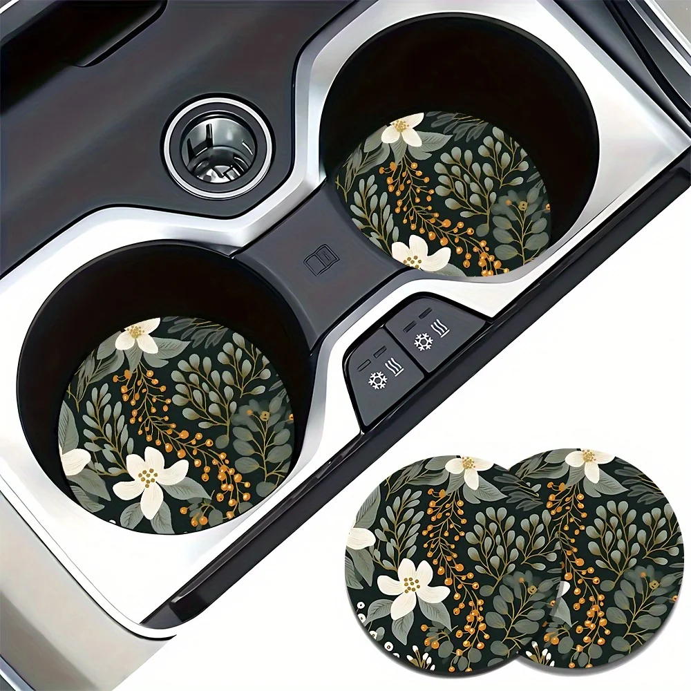 Set Of 2 Absorbent Rubber Coasters With A Easy Flower Design For Car Cup Holders - Chic Interior Car Additions