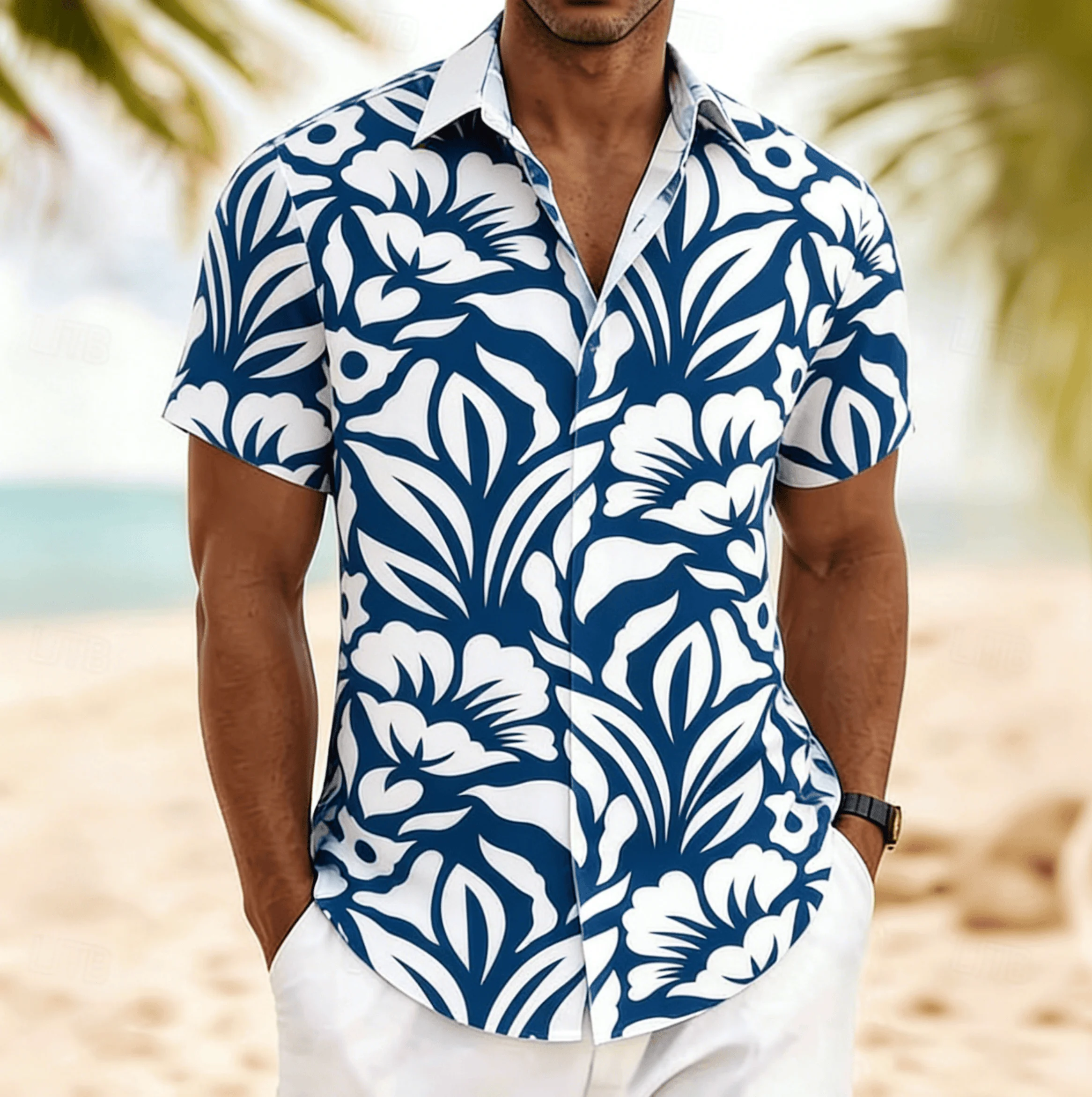 

Men's Tribal Hibiscus Print Short Sleeve Shirt, Spring Summer Classic Hawaiian Vacation Blouse, Loose Casual Top