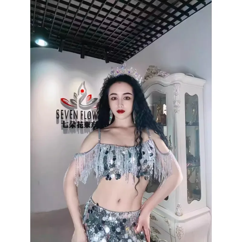 맞춤형 밸리 댄스 의상 화이트 다이아몬드 드레스 공연 의상 오리엔탈 댄스 키즈 성인 술 스팽글 브래지어와 롱 스커트