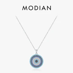 MODIAN 925 Sterling Silver Luxury Vintage Pendant Necklace Turquoise Blue Clear CZ Link Chain For Women Fine Jewelry Gifts