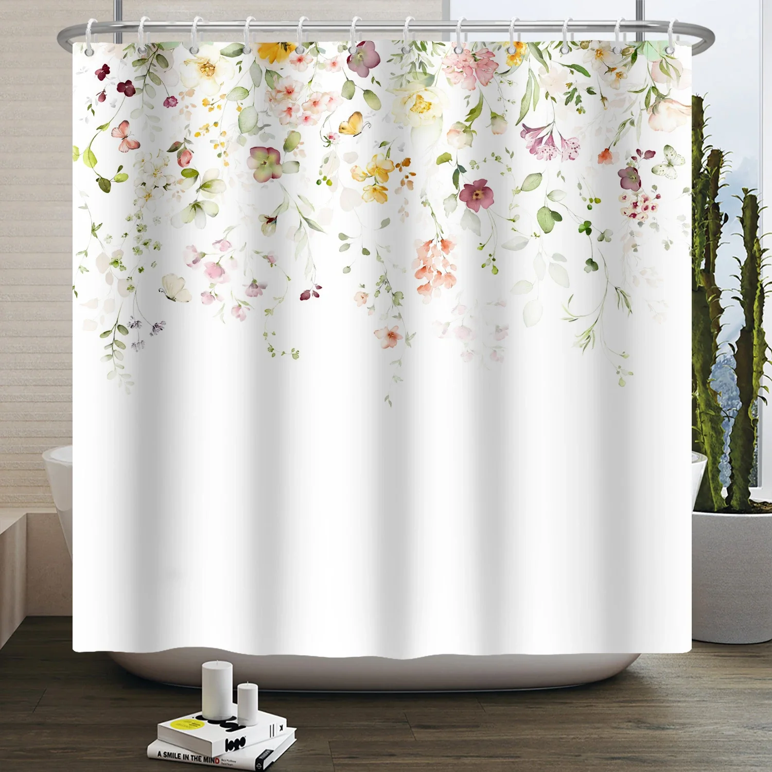 Watercolor Wildflower Shower Curtain Peony Rose Dragonfly Butterfly Floral Green Leaf Print Waterproof Fabric Bathroom Curtain H
