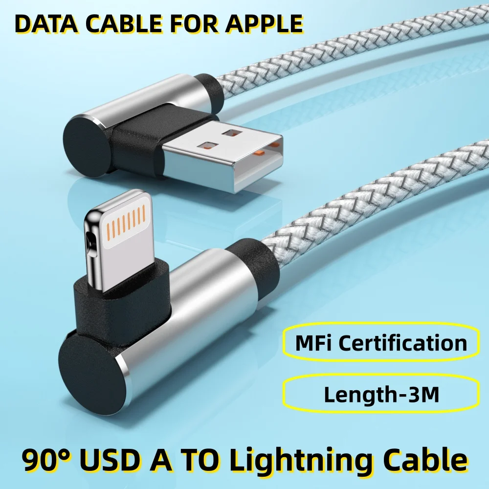 ANSEIP USB To Lightning Cable For IPhone13 12 11 Pro Max Xs 8 Plus iPad Cable 2.4A Right Angle Adapter Data Charger Cord 3m Long