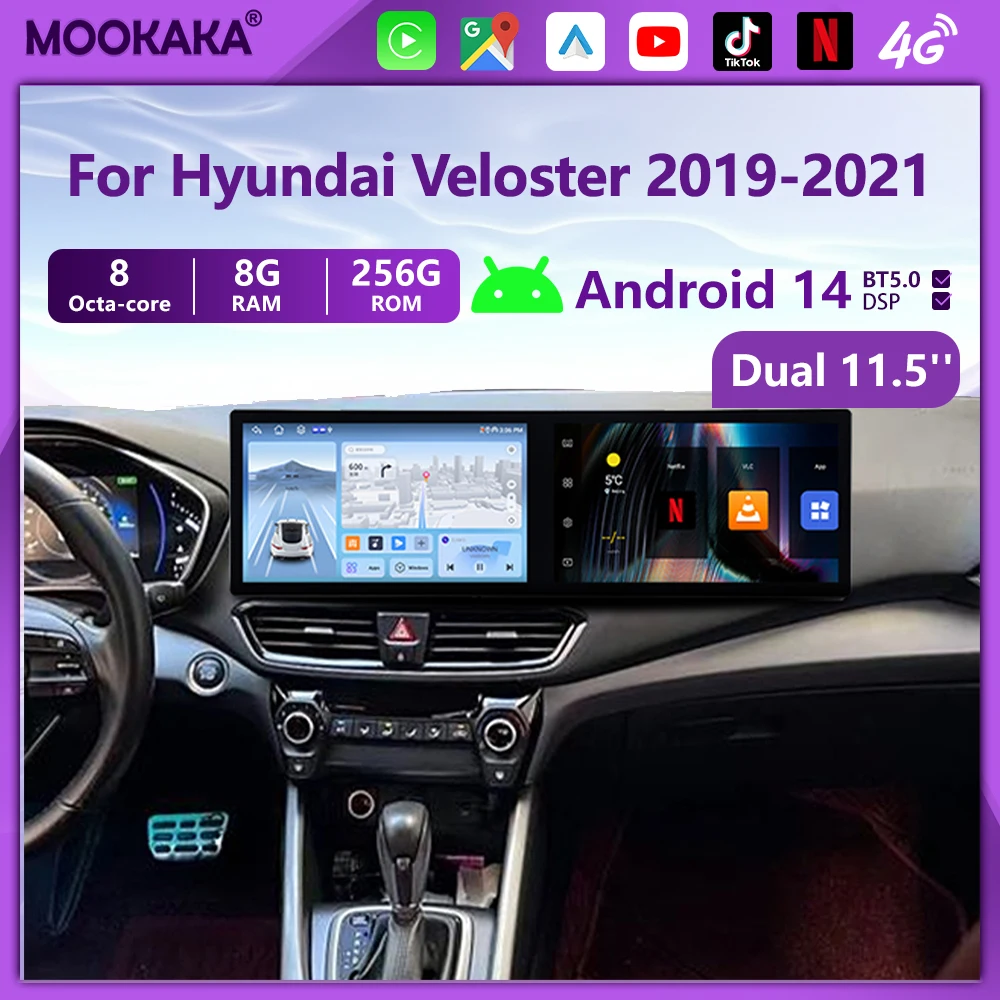 For Hyundai Veloster 2019-2021 Android 14 Carplay Car Radio Stereo Automotive Multimedia Player GPS Navi Dual Screen Head Unit 