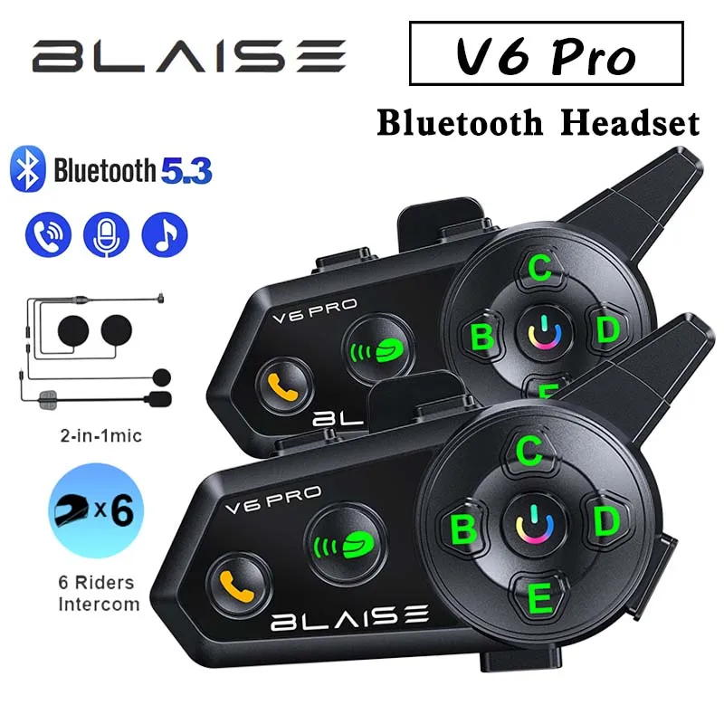 

V6 PRO Мотоциклетный домофон, шлем, Bluetooth-гарнитуры, BLAISE, 6 гонщиков, 2 гонщики, домофон, 1000 м, домофон с функцией обмена музыки