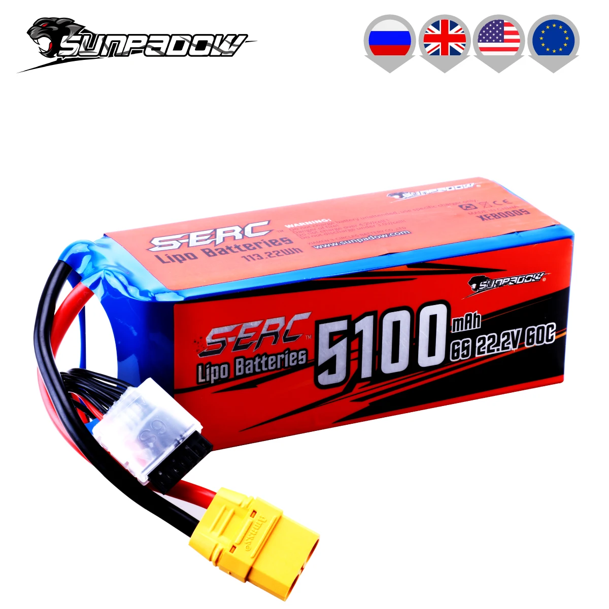 SUNPADOW 6S RC Lipo Battery 22.2V 60C 5100mAh with XT90 Connector for RC Airplane Aircraft Quadcopter Drone FPV Helicopter