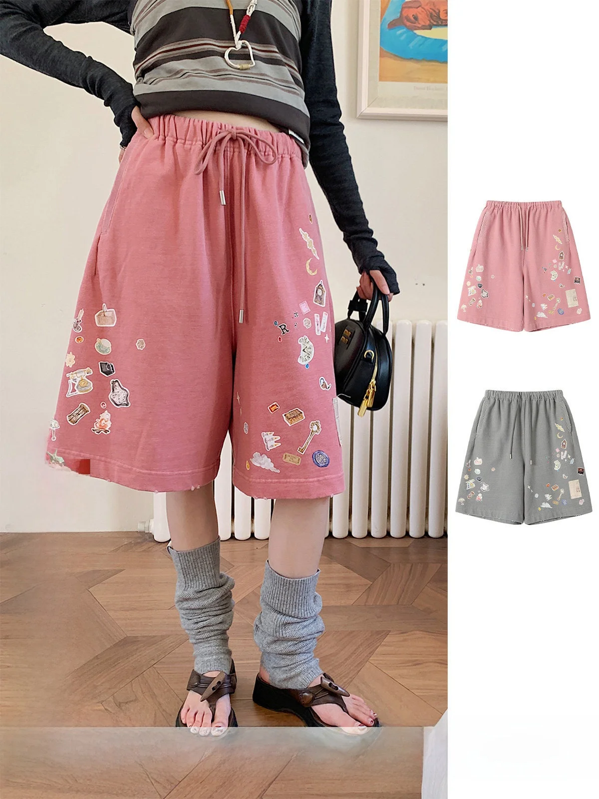 

REREK Distressed Print Loose Straight Leg Sweatpants High Waist Cotton Casual Pants for Women Autumn 2025