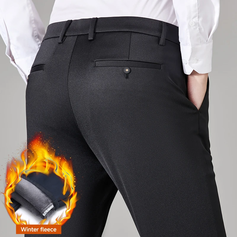 عالية سترتش الشتاء الصوف الدافئة الأعمال السراويل الرجال مرونة الخصر الكلاسيكية العمل مكتب بدلة رسمية بنطلون حجم كبير 29-40 #3
