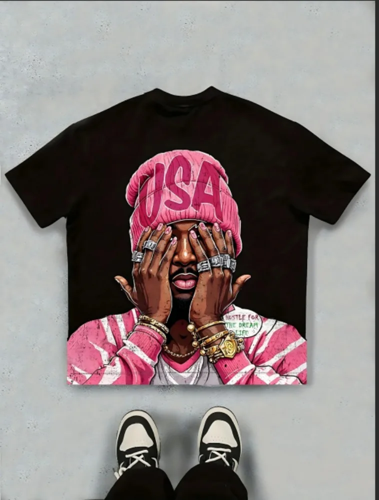 Men Black Loose Short Sleeve T‑Shirt Urban Hip Hop Style USA Beanie Cartoon Character Graphic Print Streetwear Casual Daily Tops
