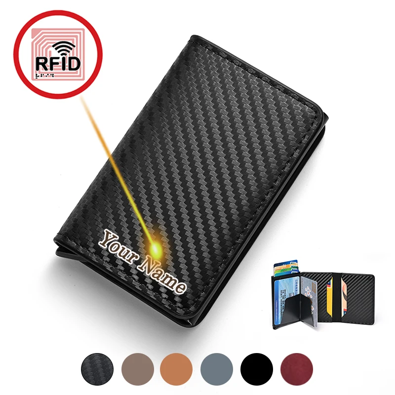 

Custom Name Card Holder Men Wallets Rfid Carbon Fiber Leather Minimalist Wallet Gifts for Men Personalized Carteira Masculina