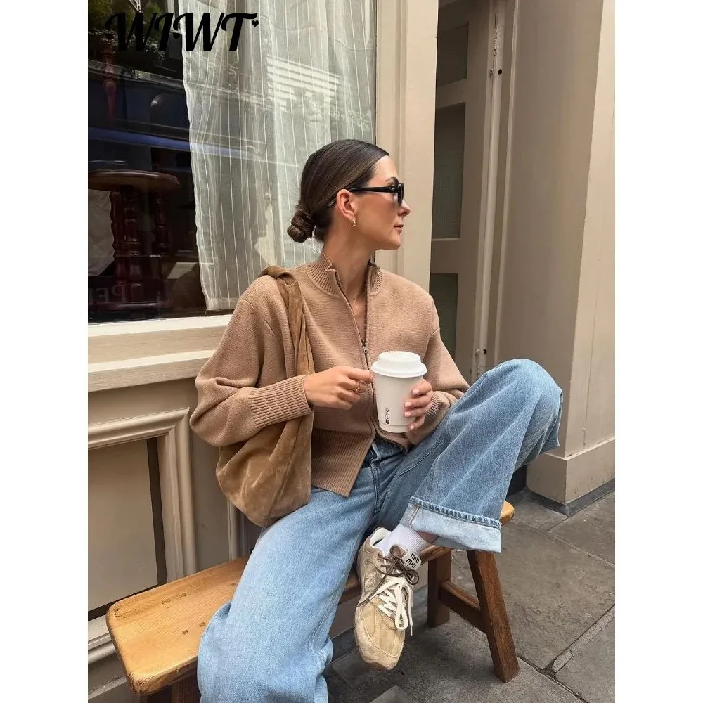 

Khaki Knitted Stand Collar Sweaters with Zippers for Women Spring Street Sle Comfortable Fit Casual Wear