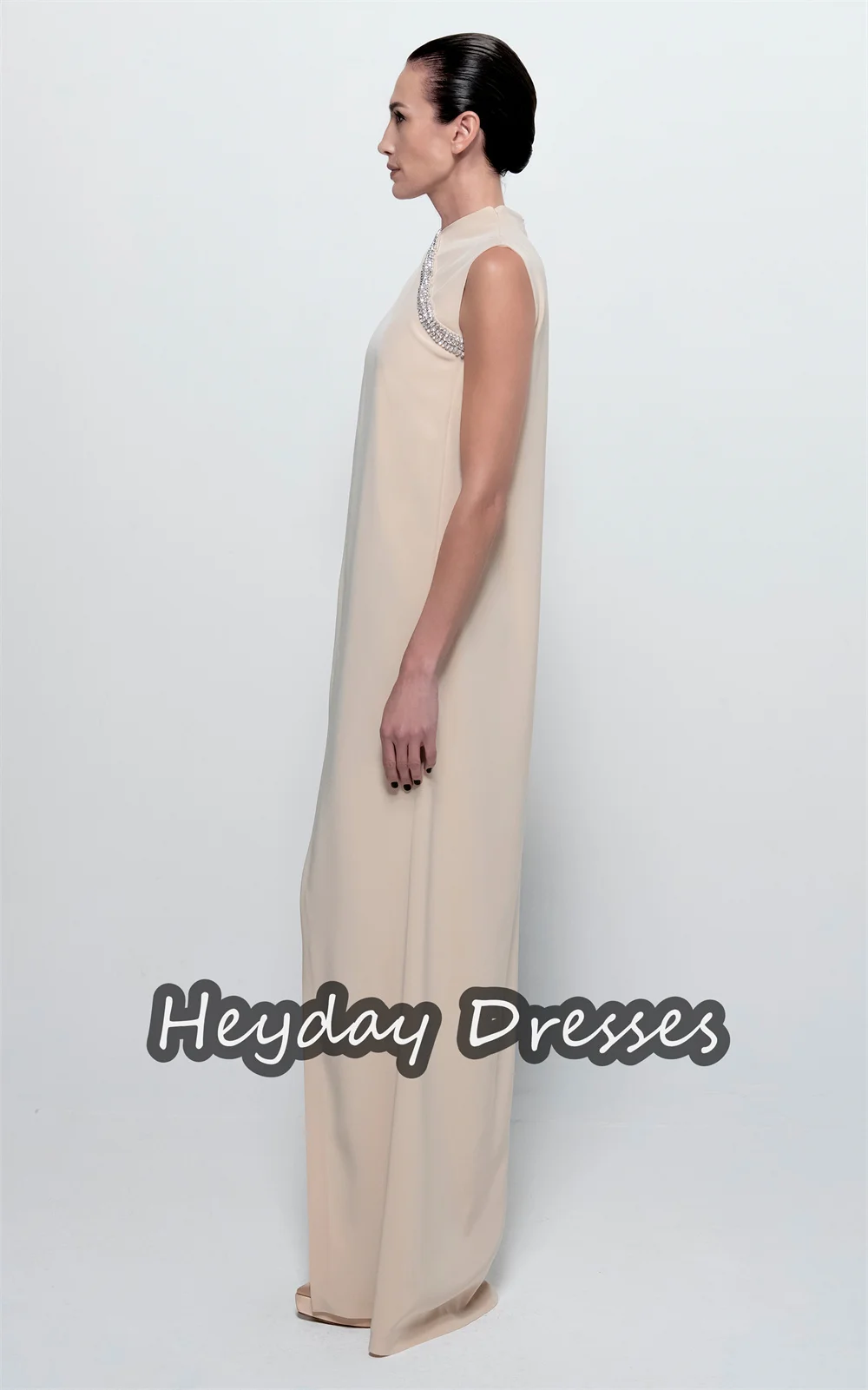 Heyday Crepe Straight O-neck Beading Sleeveless Saudi Simple Prom Gown Floor Length Elegant Evening Party Dresses For Women 2024