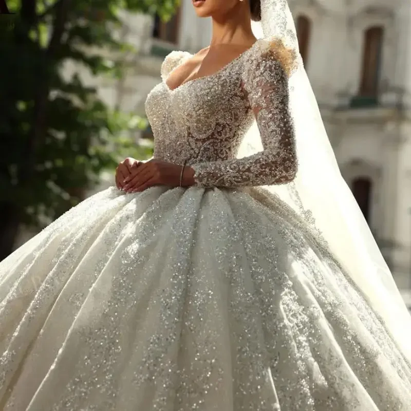 Vestido de casamento de manga longa personalizado lindo brilhante querida vestido de baile princesa vestido de noiva