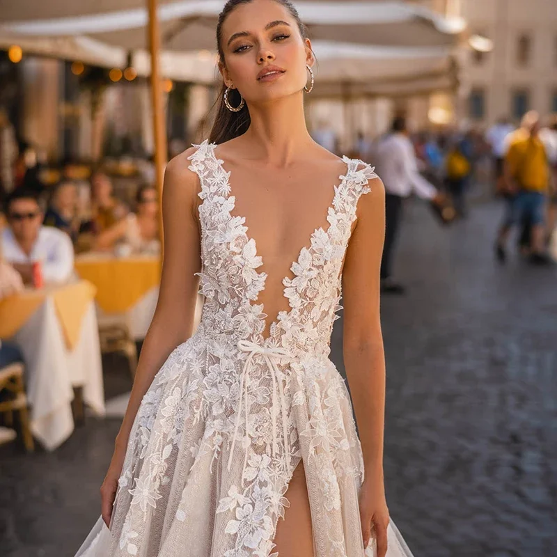 Vestidos de casamento com apliques, Decote em V profundo, Vestidos de noiva sem encosto, Fenda lateral sexy, Tule Dots, Flores 3D, 2023