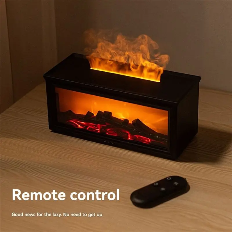 Y50A-Innovative Black Fireplace Aroma Diffuser With Flame Humidifier, Realistic Night Light, Remote Included, Auto-Off Feature