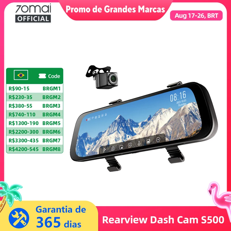 70mai retrovisor traço cam s500 9.35 ''tela de toque 70mai s500 carro dvr 3k super capacitor duplo canal hdr controle de voz 24h parque