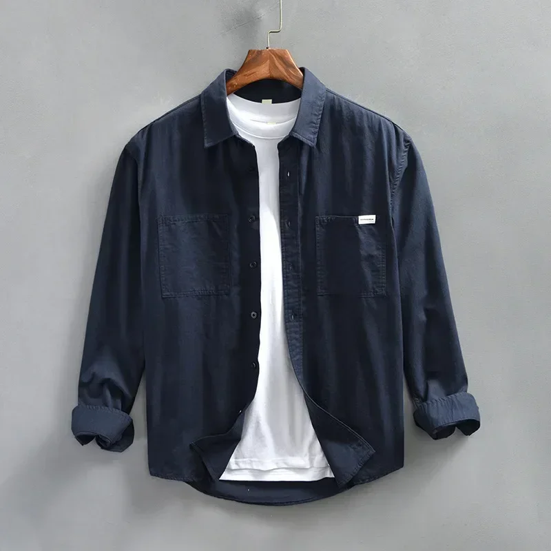 Japanese Style Long Sleeve Cargo Shirt Men Spring Fall 100% Cotton Tops Casual Double Pockets Loose Shirts Male Comfort Clothing