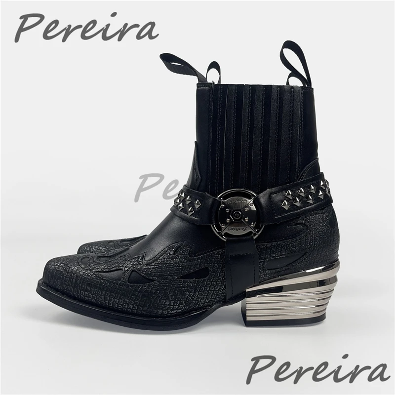 Punk Rivet Strap Metal Heel Chelsea Boots for Men Retro Mixed Colors Genuine Leather Zipper Short Boots Trendy Party Dress Shoes