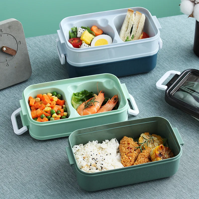 1pc 1400ml Double-layer Lunch Box Portable Compartment Food Box Microwave Lunch Box With Fork Chopsticks And Spoon Picnic Fresh image 5