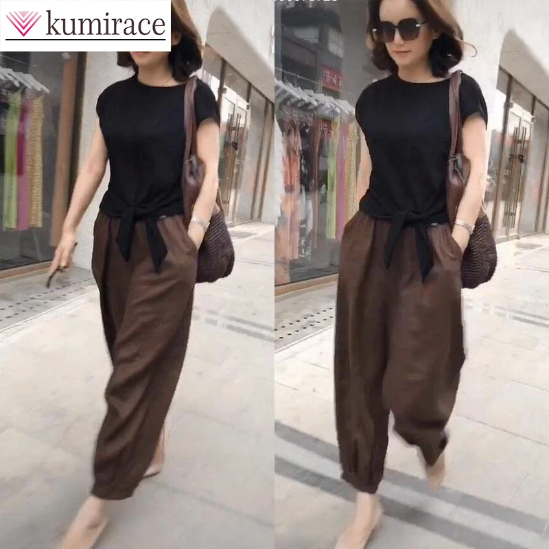 Women's Suit 2023 Summer Classic Black Short-sleeved T-shirt Loose Casual Versatile Harlan Pants Two-piece Women's Pants Set