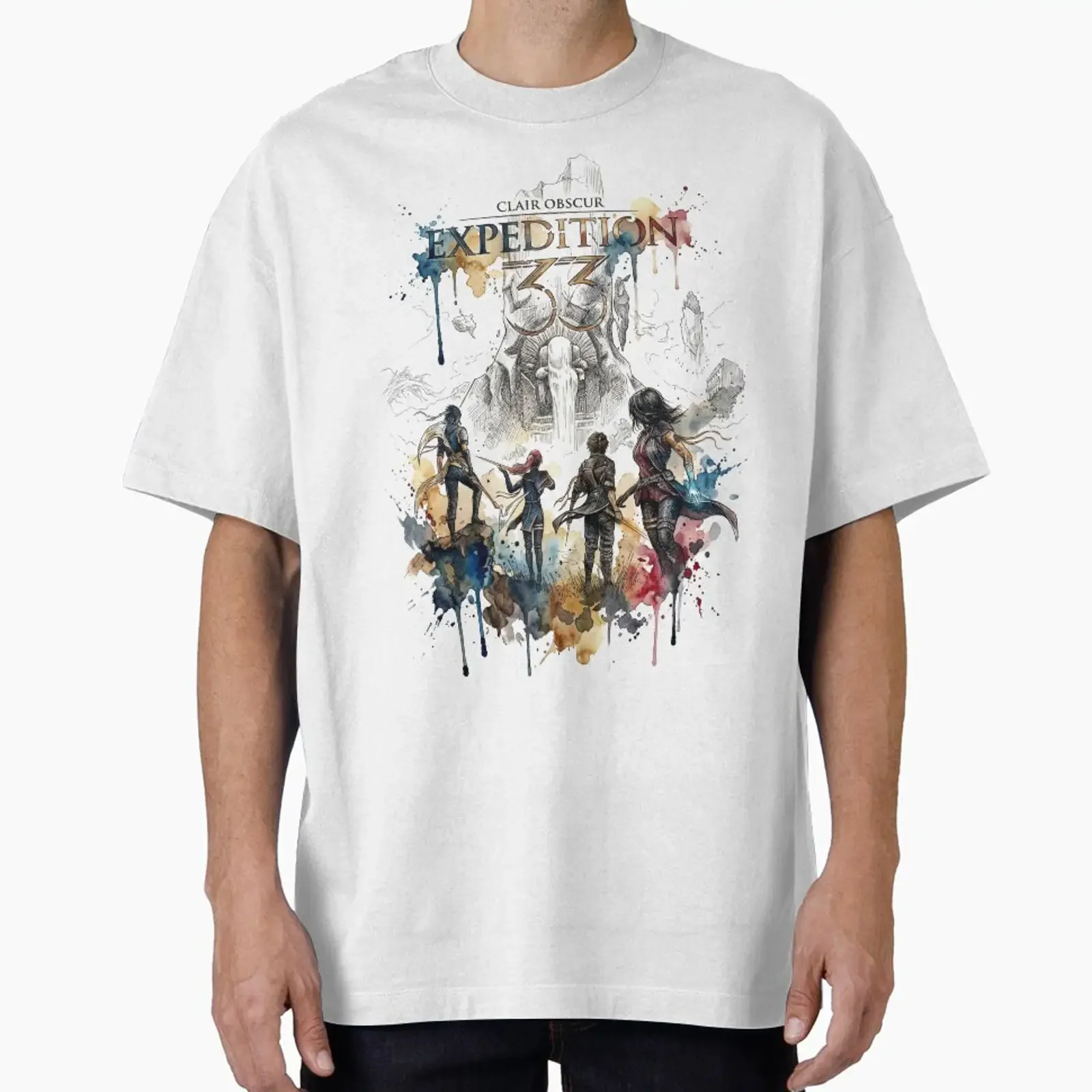 Clair Obscur Expedition 33 Watercolor Character Art Oversized T Shirt Gaming Fan Casual vintage Washed streetwear Versatile