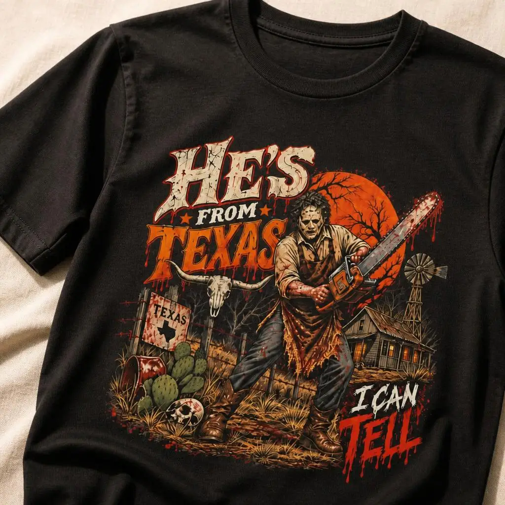 Ich kann erkennen, dass er aus Texas ist. Chainsaw Horror Halloween T-Shirts, lässige T-Shirts, kurzärmelige T-Shirts mit Rundhalsausschnitt, T-Shirts aus reiner Baumwolle. – Detail 5