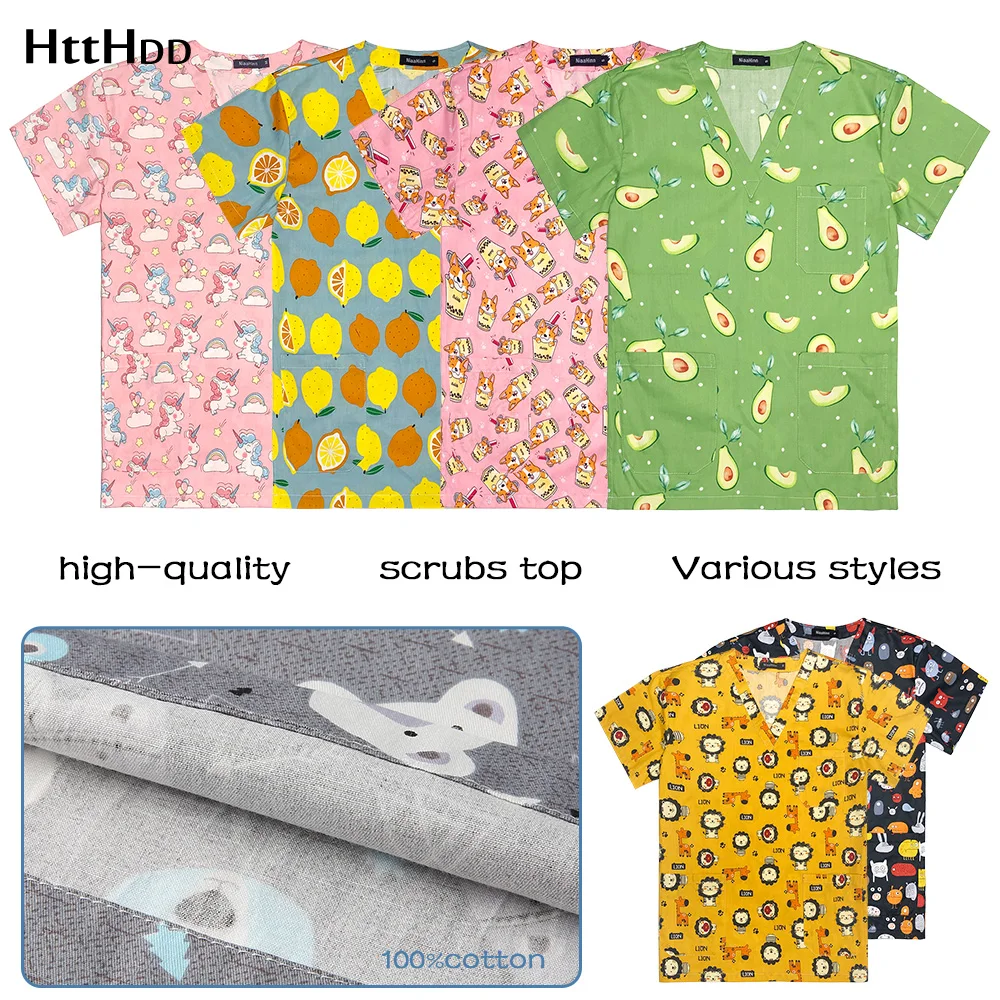 

Scrub Medical Uniform Woman Beautiful Print Scrubs Top Cartoon Cotton Dental Clinic Doctor Work Clothes Men Short Sleeved Jacket