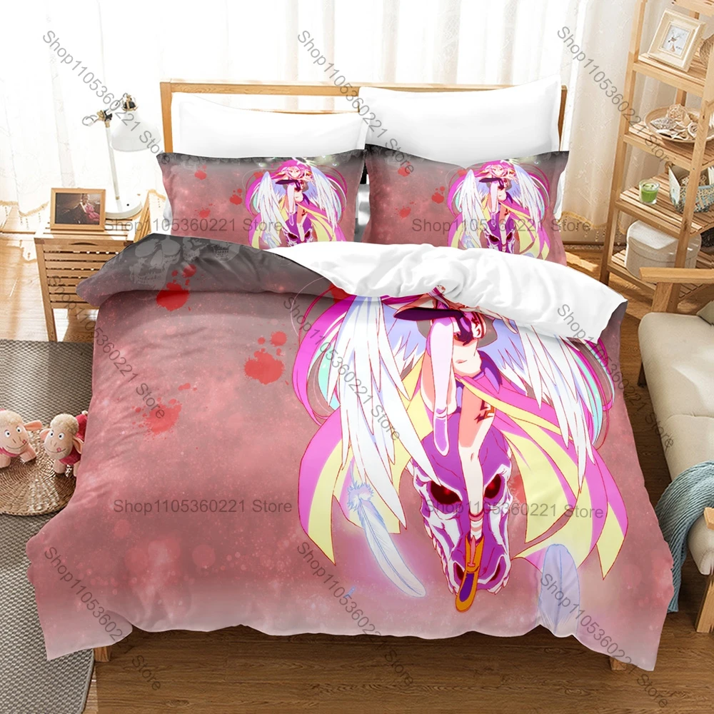 No Game No Life Duvet Cover + 2 Pillowcases, Classic Fantasy Anime Print Bedding Set Soft Fabric Decor Gift for Anime & Game