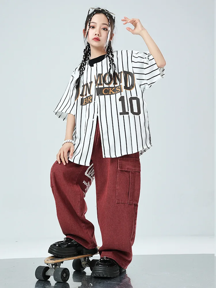 男の子女の子ヒップホップコスチュームセット子供ストリートウェアストライプ半袖野球シャツジーンズパンツスーツキッズステージショー服