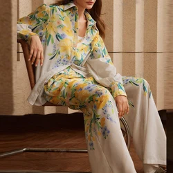 Female Causal Long Sleeve Loose Office Outfits Summer Lapel Button Shirt + Wide Leg Pant Suits New Elegant Print Spring 2pc Sets